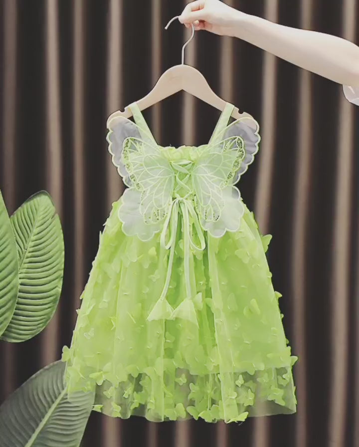 Fairy Girl Glitter Butterfly Wings Dress Summer New Kids Green Sling Princess Dresses Party Girls Costume  (Available)