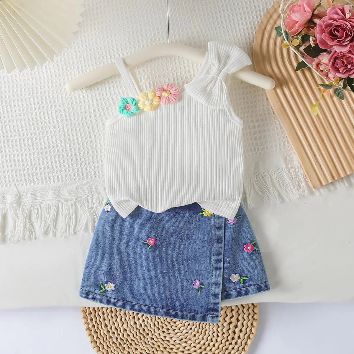 Small Fresh Jeans Skirts Sets Cute Baby Girl Comfortable And Breathable Set Cute Flower Embroidery Short Sleeve Skirt Two Piece - Mom & Kids