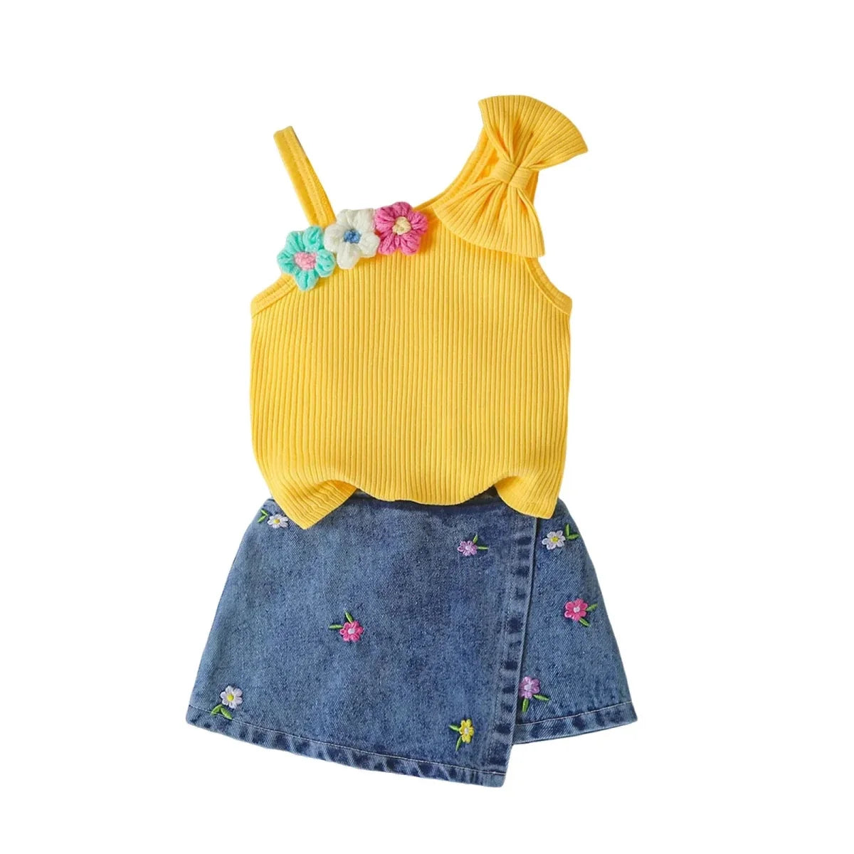 Small Fresh Jeans Skirts Sets Cute Baby Girl Comfortable And Breathable Set Cute Flower Embroidery Short Sleeve Skirt Two Piece - Mom & Kids
