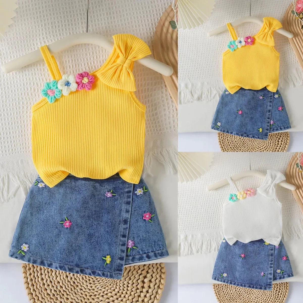 Small Fresh Jeans Skirts Sets Cute Baby Girl Comfortable And Breathable Set Cute Flower Embroidery Short Sleeve Skirt Two Piece - Mom & Kids