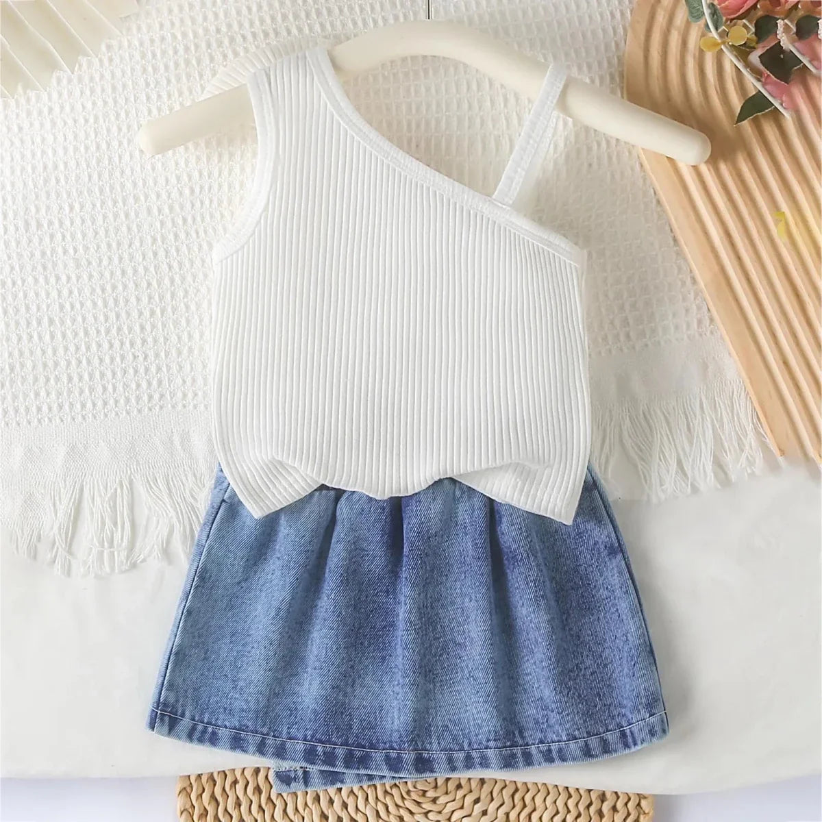 Small Fresh Jeans Skirts Sets Cute Baby Girl Comfortable And Breathable Set Cute Flower Embroidery Short Sleeve Skirt Two Piece - Mom & Kids