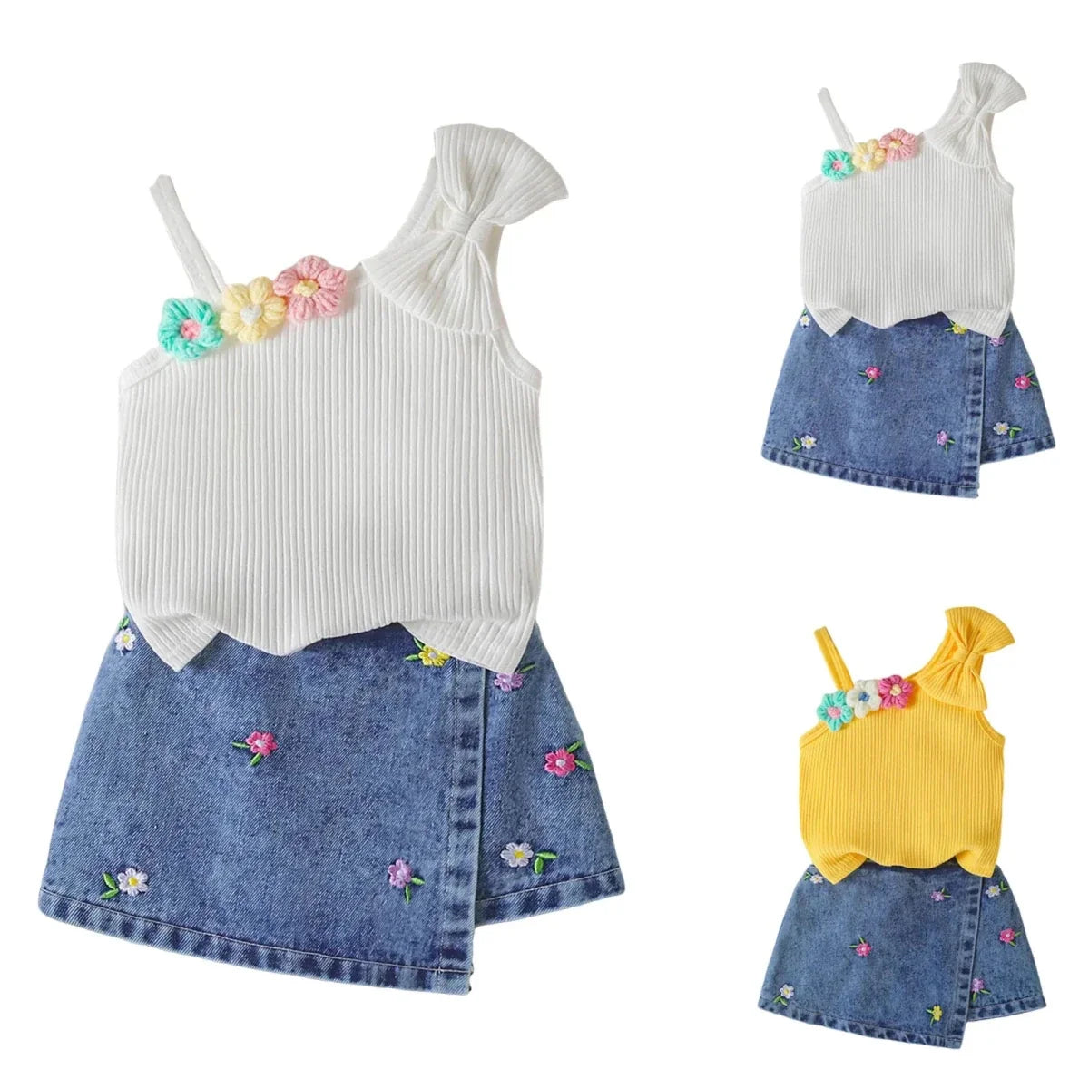 Small Fresh Jeans Skirts Sets Cute Baby Girl Comfortable And Breathable Set Cute Flower Embroidery Short Sleeve Skirt Two Piece - Mom & Kids