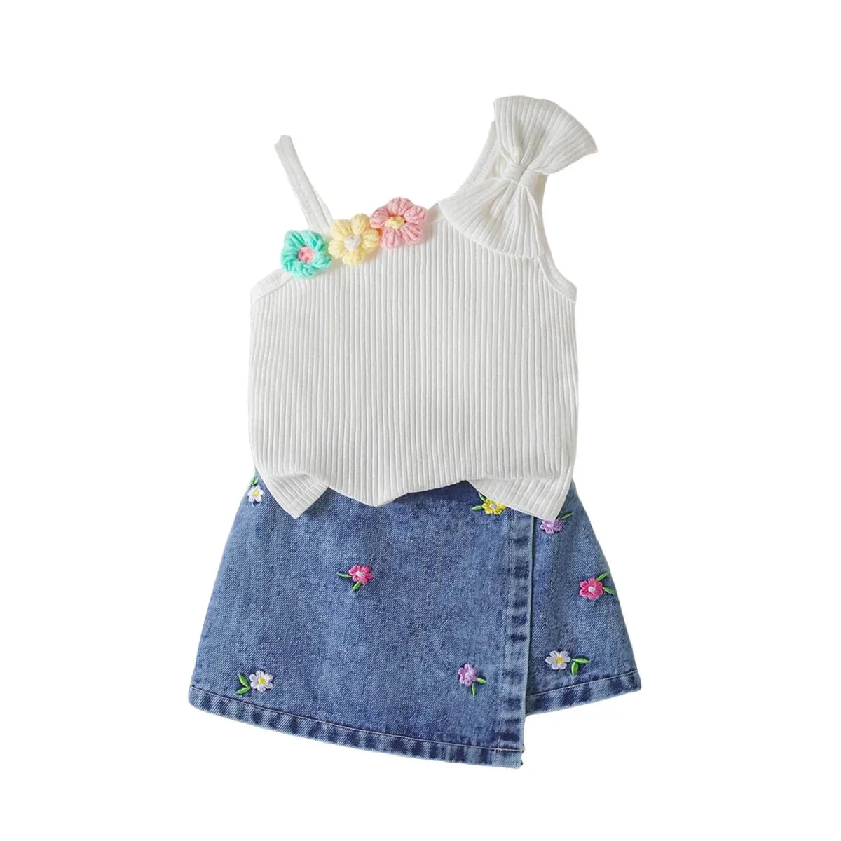 Small Fresh Jeans Skirts Sets Cute Baby Girl Comfortable And Breathable Set Cute Flower Embroidery Short Sleeve Skirt Two Piece - Mom & Kids