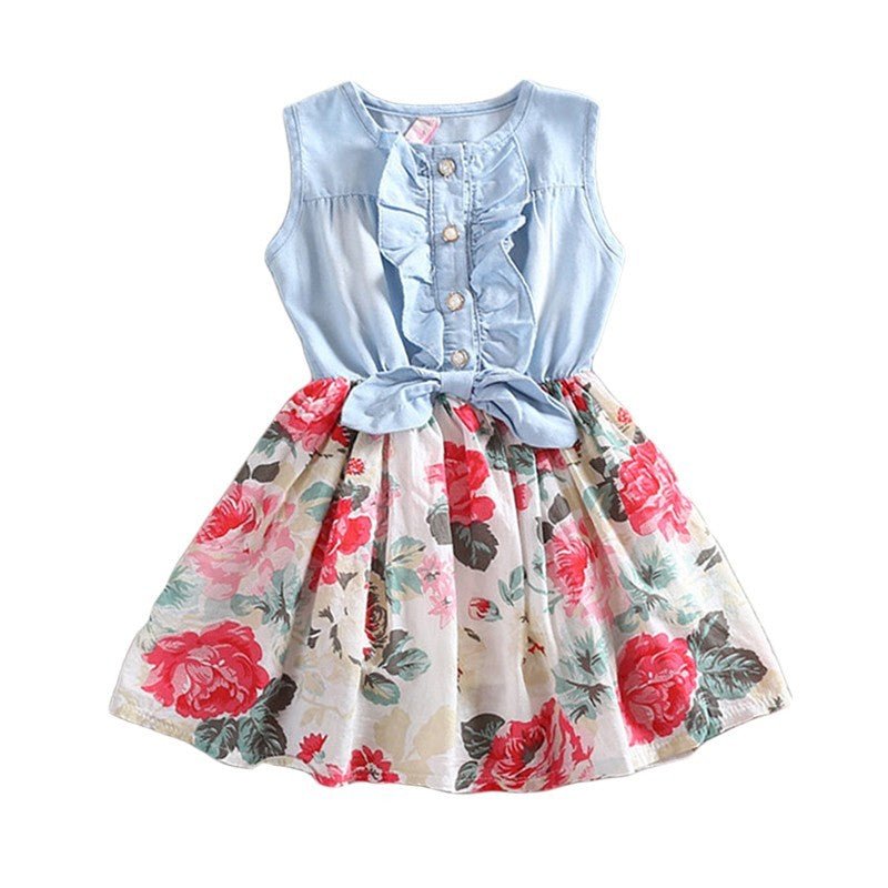 Summer Children Sleeveless Girl Denim Floral Dresses (Available) - Mom & Kids