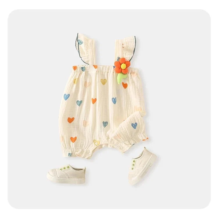 Summer Sweet Sle Baby Girl Rer Print Thin Svel Clothes for Babies Heart Pattern Cler Suit Casual Summer Outfit (Available) - Mom & Kids