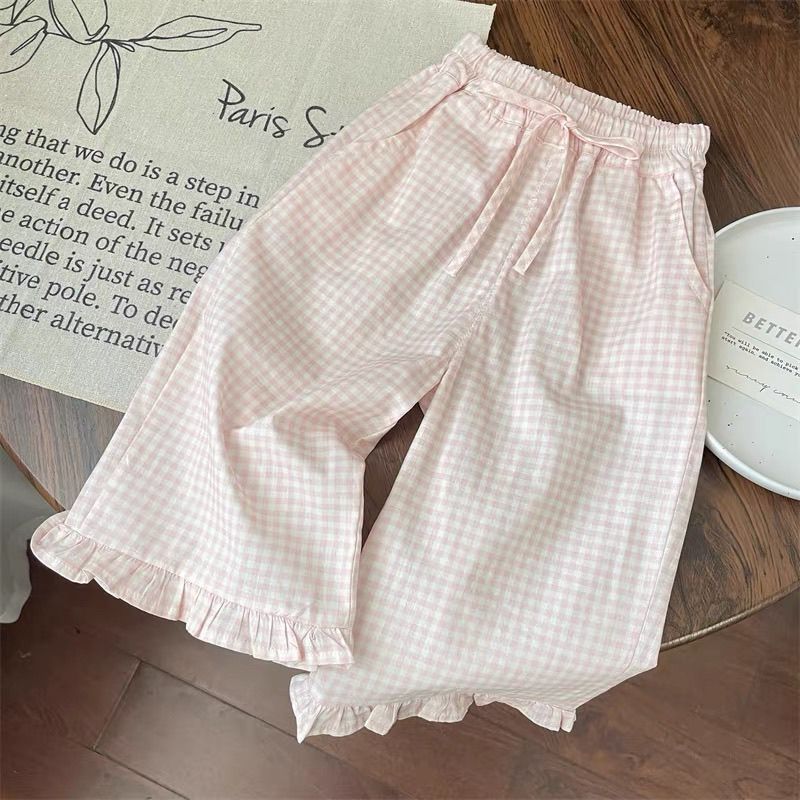 Sweet Plaid Flared Wide Leg Pants Ruffled Two-piece Set (Available)) - Mom & Kids